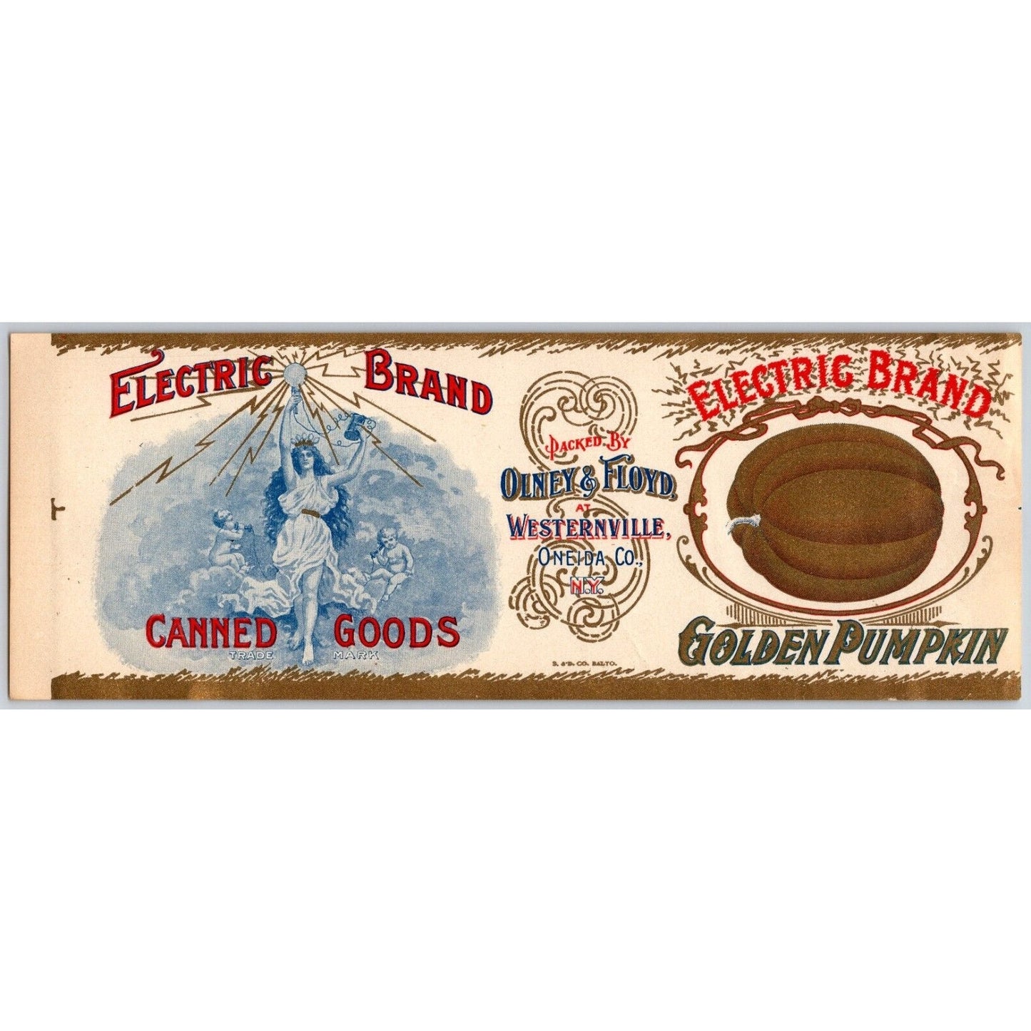 Electric Brand Pumpkin Olney & Floyd Westernville Paper Can Label c1900-1910's