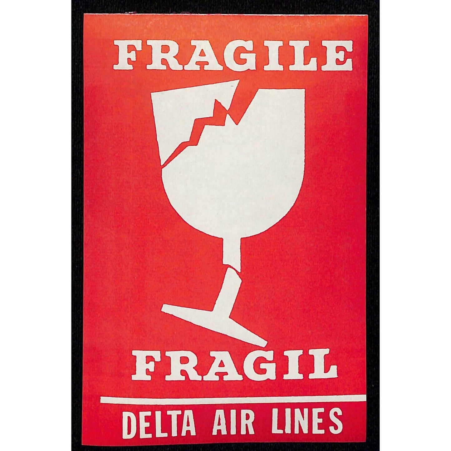Delta Air Lines "Fragile / Fragil" Shipping Label Gummed 4" x 6" c1966-70's VGC