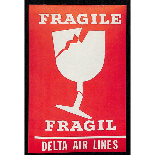 Delta Air Lines "Fragile / Fragil" Shipping Label Gummed 4" x 6" c1966-70's VGC