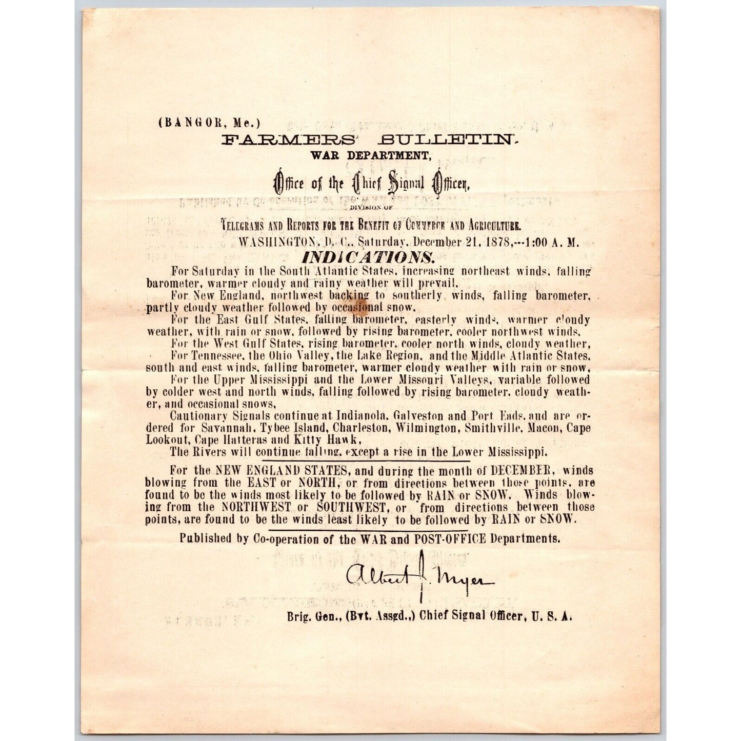 Bangor, ME Chief Signal Office, War Department Farmers' Bulletin - Dec. 21, 1878