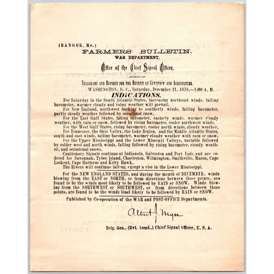 Bangor, ME Chief Signal Office, War Department Farmers' Bulletin - Dec. 21, 1878