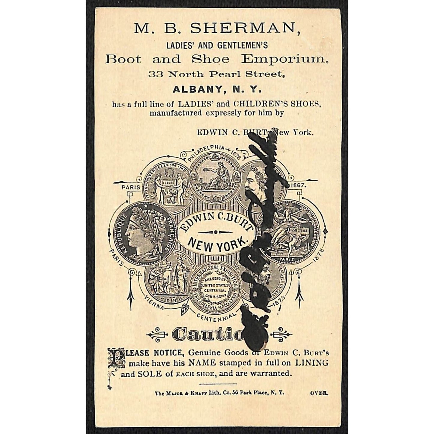 Edwin C. Burt Fine Shoes / M.B. Sherman Albany Victorian Trade Card Baby Birds