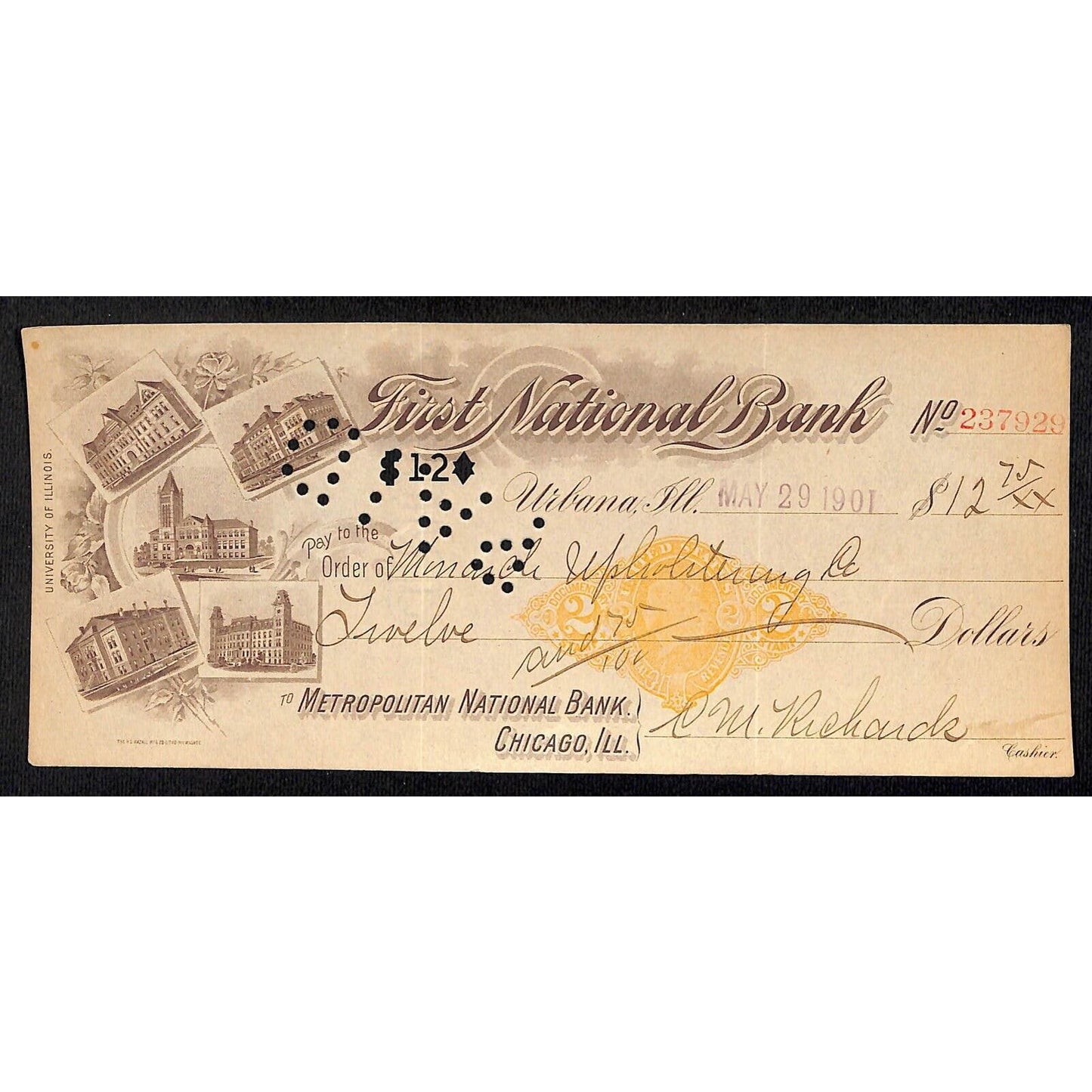 FNB Urbana, IL $12.7 1901 Bank Check Revenue Stamp w/ University Bldg. Vignettes