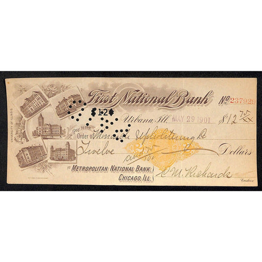 FNB Urbana, IL $12.7 1901 Bank Check Revenue Stamp w/ University Bldg. Vignettes