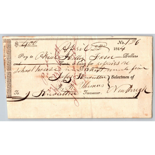1844 Jabez Knowlton* Newburgh ME Town Check to __? Headley for School Repairs