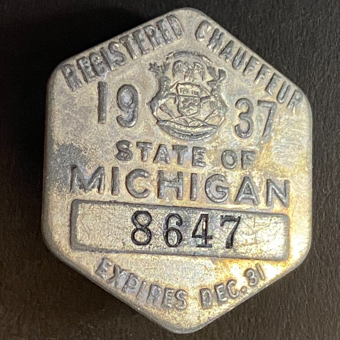 1937 Michigan Registered Chauffeur Badge Metal Pin Back Driver #8647
