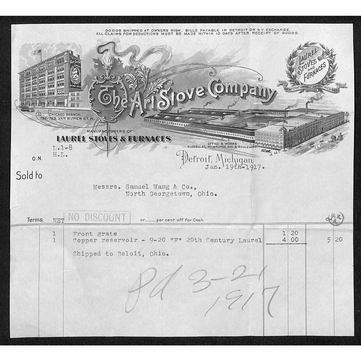 Art Stove Co. Detroit / Samuel Wang Co* N. Georgetown 1917 Billhead & Cover