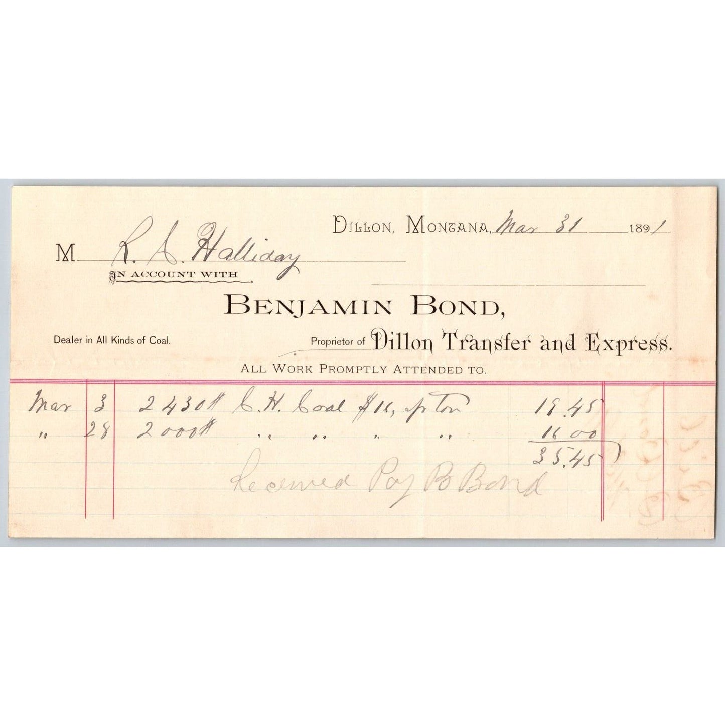 Dillon MT Benjamin Bond Dillon Transfer and Express 1890 Billhead R.C. Halliday*