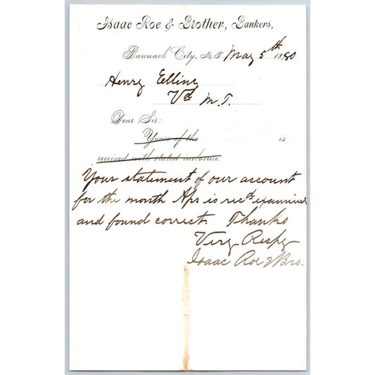 Isaac Roe & Brother, Banker Bannack City, MT 1880 Statement - Henry Elling*