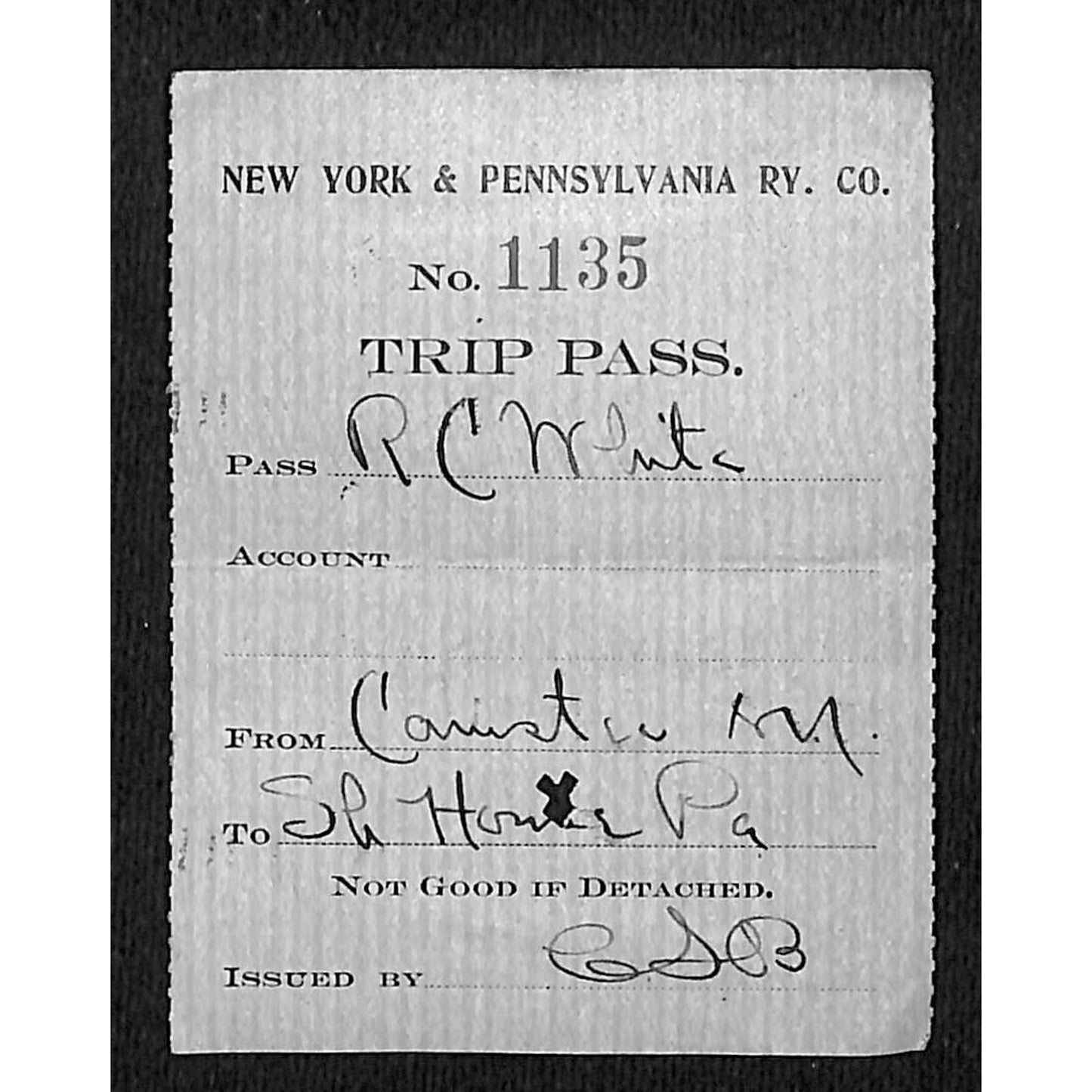 New York & Pennsylvania Ry c1917 Trip Pass Ticket Stub w/Hand Writing #1135
