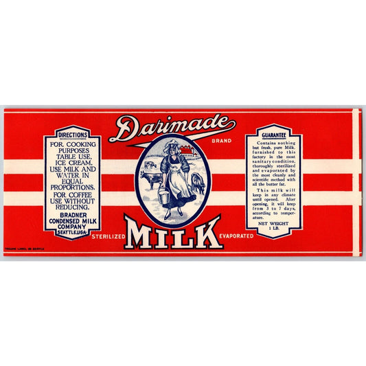Darimade Brand Evaporated Milk Paper Can Label c1920's Milkmaid Scarce VGC