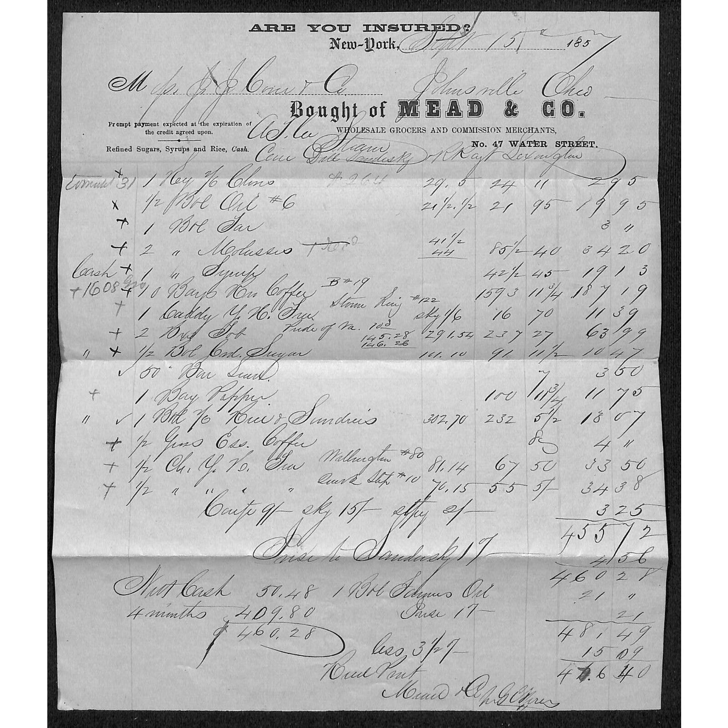 Mead & Co. Grocers NYC 1857 J.J. Cover, Johnsville, OH* Billhead Scarce