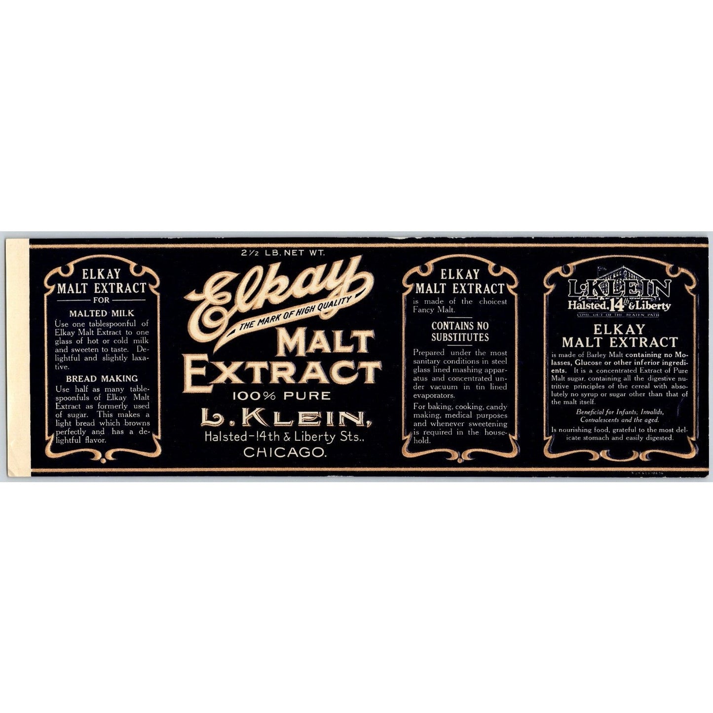 Malt Extract Elkay Brand L. Klein Chicago Paper Can Label c1920-30's NOS VGC