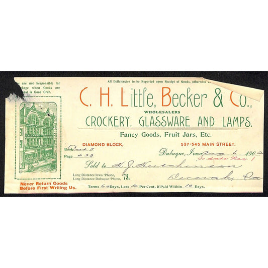 C.H. Little, Becker Co. Crockery Glass Hutchinson Decorah, IA* Cut 1902 Billhead