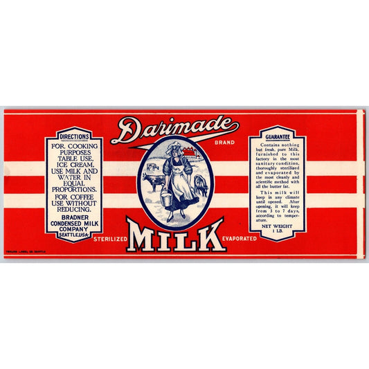 Darimade Brand Evaporated Milk Paper Can Label c1920's Milkmaid Scarce / VGC