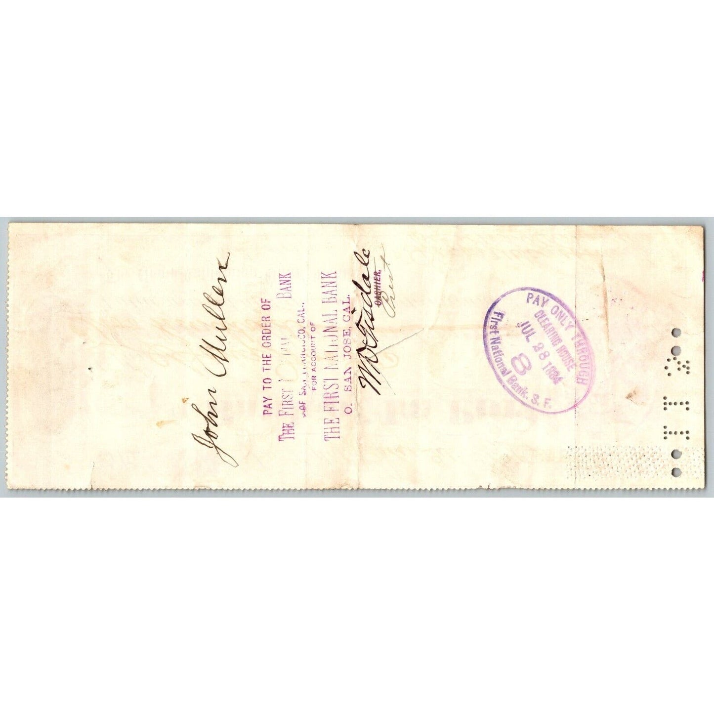 Bank of La Porte Check John Muller 1884 Mining Vignette #12664
