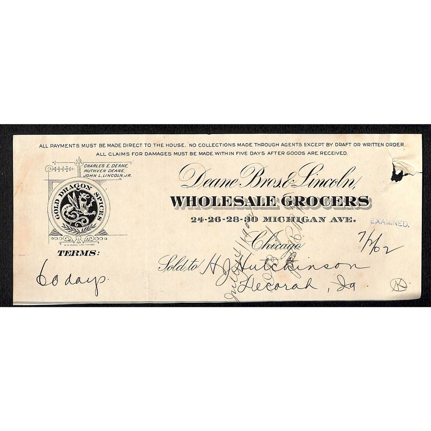 Deane Bros. & Lincoln Chicago HJ Hutchinson Decorah, IA* Cut 1902 Billhead