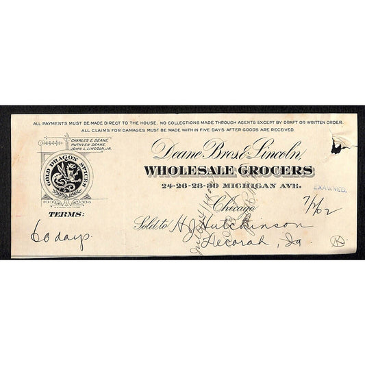 Deane Bros. & Lincoln Chicago HJ Hutchinson Decorah, IA* Cut 1902 Billhead
