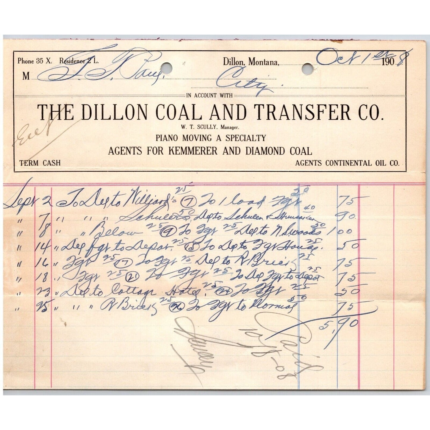 Dillon, MT Dillon Coal and Transfer Co. "Piano Moving" 1908 Billhead G.T. Paul*