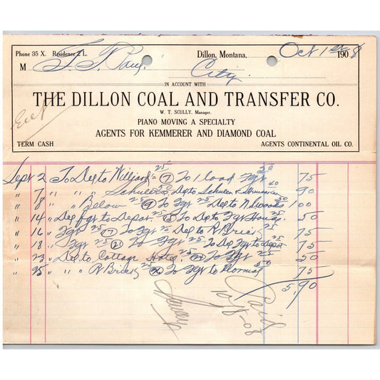 Dillon, MT Dillon Coal and Transfer Co. "Piano Moving" 1908 Billhead G.T. Paul*