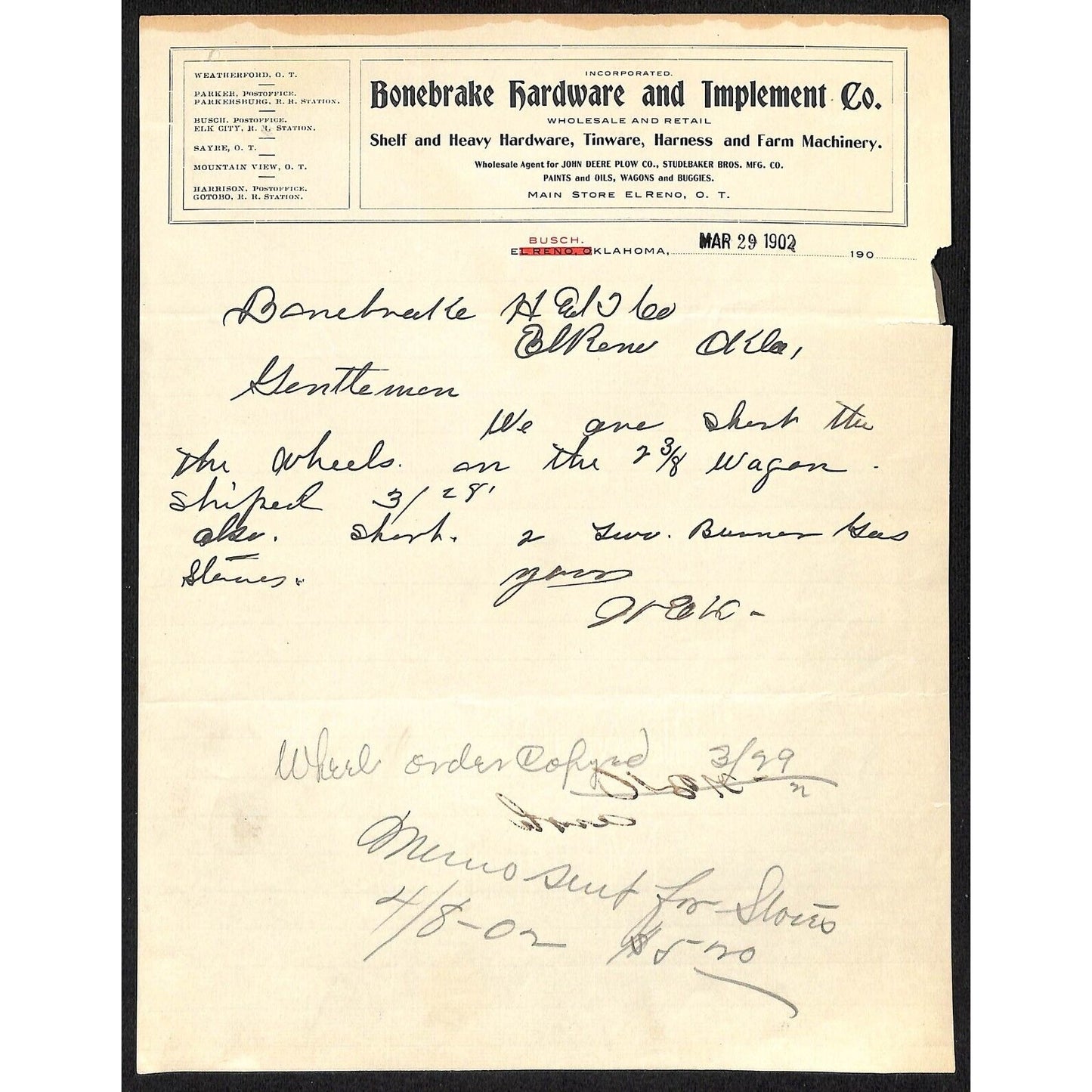 1902 Bonebrake Hardware and Implement Co. Busch, OK Territorial Letterhead