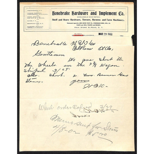 1902 Bonebrake Hardware and Implement Co. Busch, OK Territorial Letterhead
