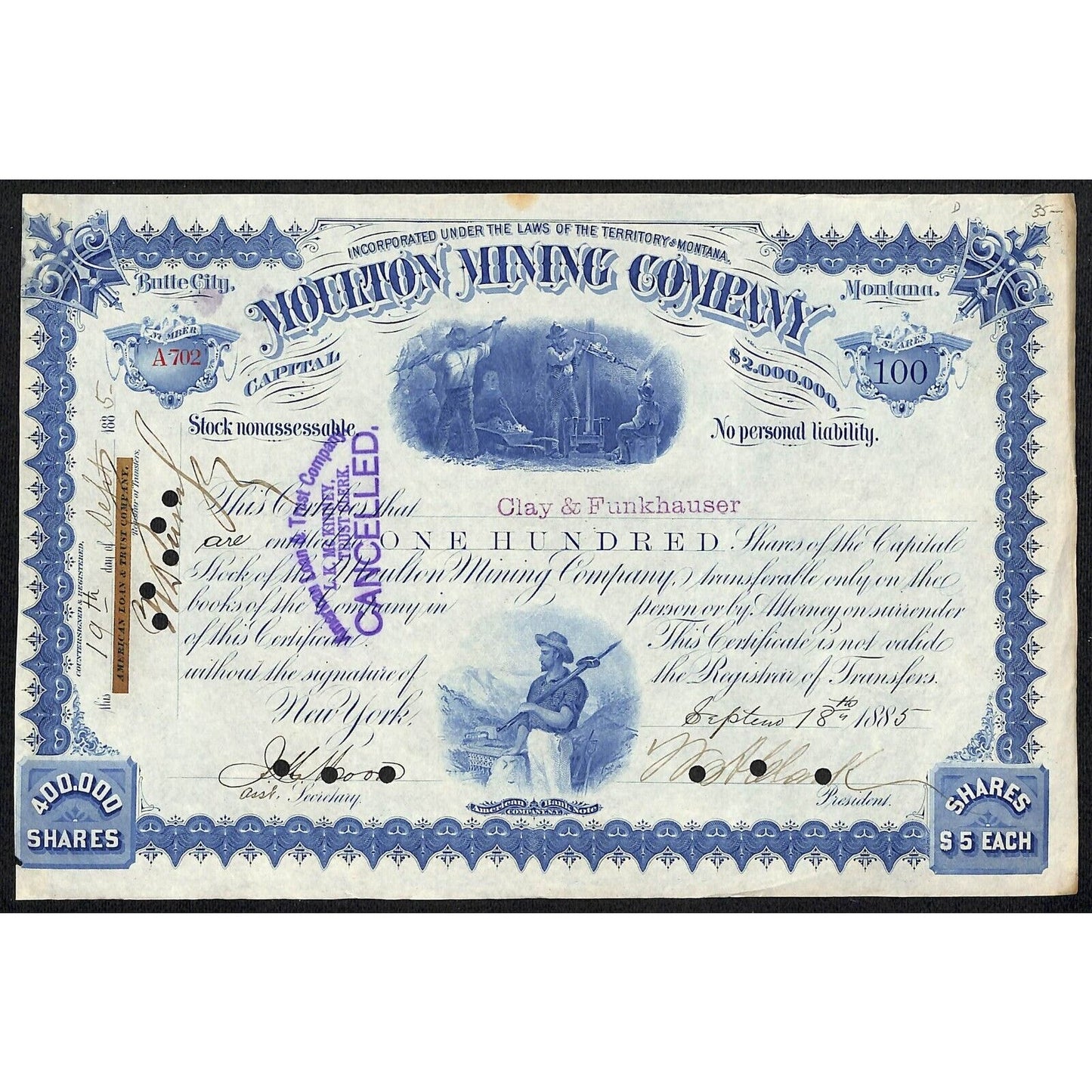 Moulton Mining Company 1885 Stock Certificate Vignettes W.A. Clark Scarce