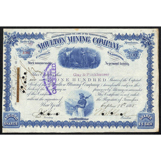 Moulton Mining Company 1885 Stock Certificate Vignettes W.A. Clark Scarce