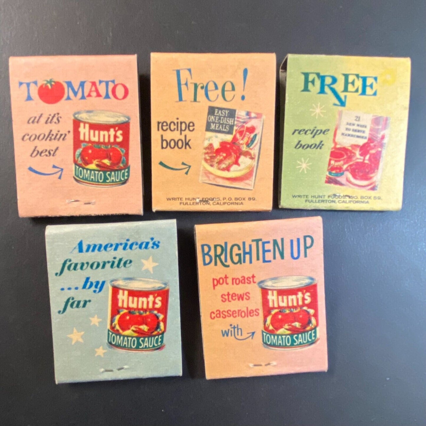 Hunts Tomato Sauce Recipe 5 Full Matchbooks c1960's-73 VGC