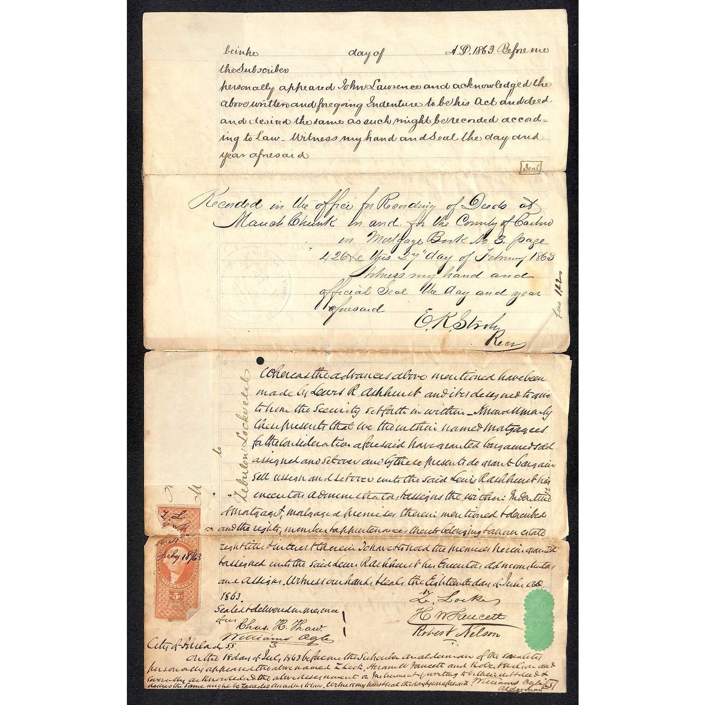 1863 Millport, PA (Aquashicola) Deed Document John Lawrence Richard C. McMurtrie
