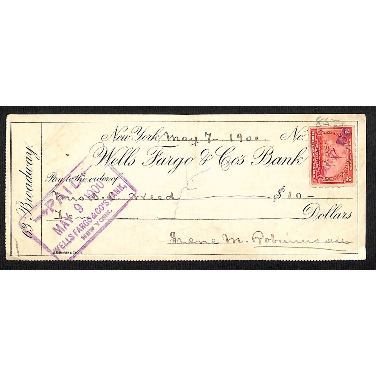 1900 Wells Fargo & Co Bank 63 Broadway NYC Check #85 w/ Rev Stamp S.C. Weed