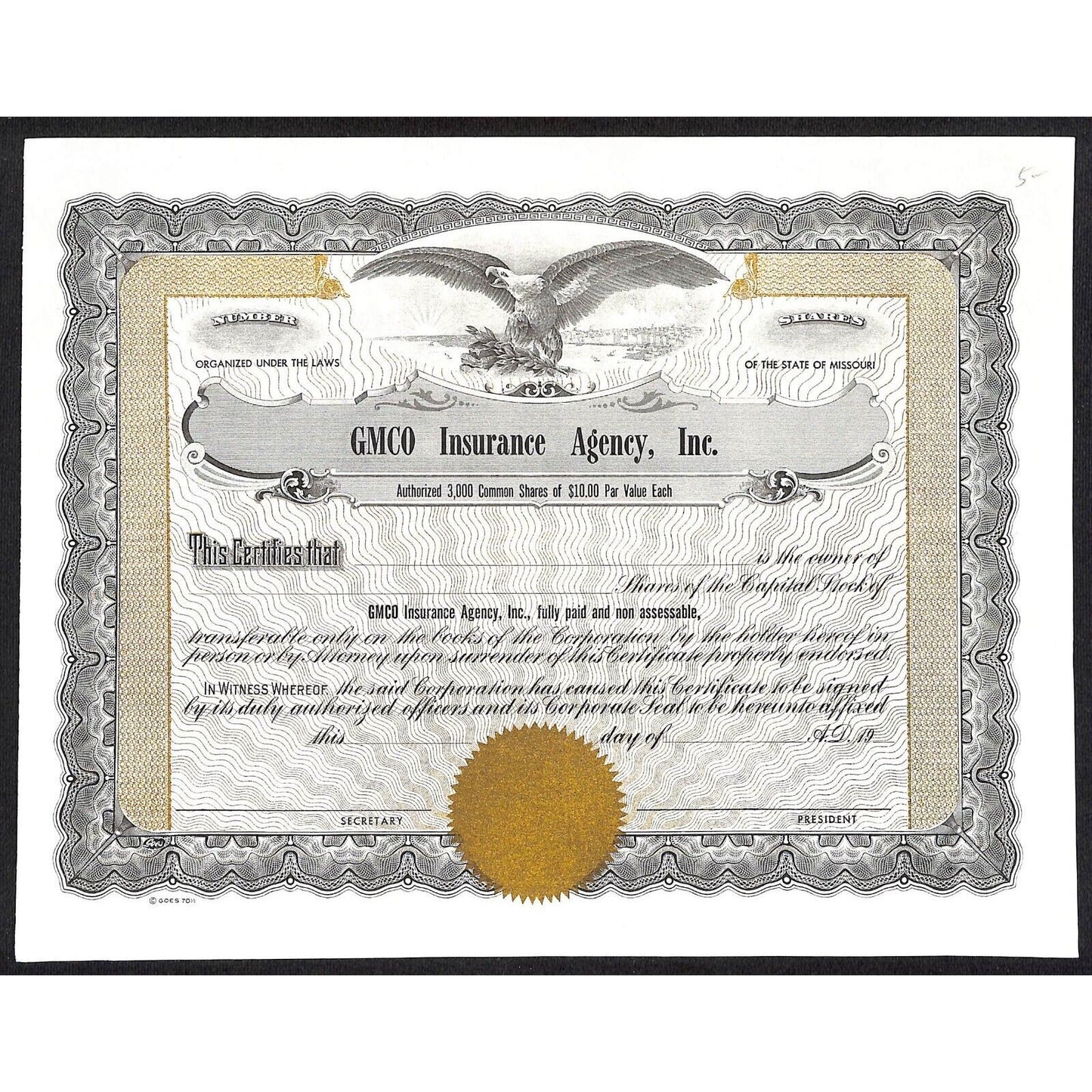 GMCO Insurance Agency Missouri c1960's Stock Certificate Unissued VGC