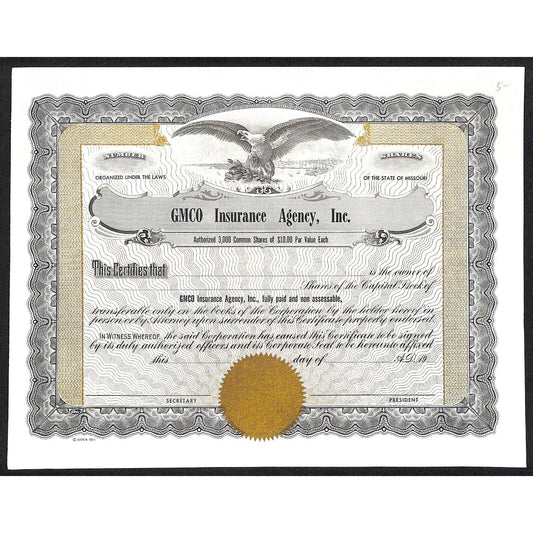 GMCO Insurance Agency Missouri c1960's Stock Certificate Unissued VGC