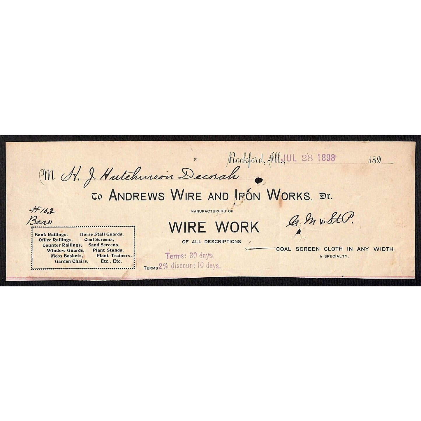 Andrews Wire Iron Works Rockford, IL Hutchinson Decorah, IA* Cut 1898 Billhead