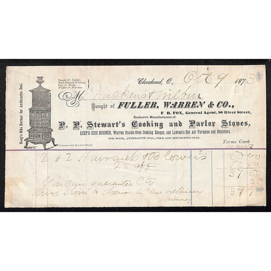Fuller, Warren & Co. P.P. Stewart's Ranges Stoves Cincinnati 1873 Billhead