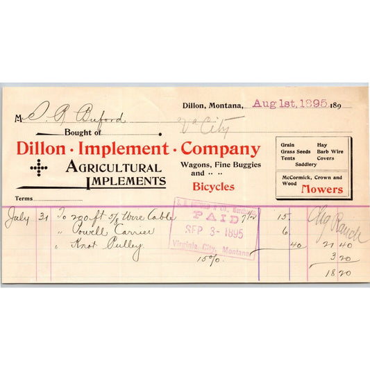 Dillon MT Dillon Implement 1895 Bicycles Billhead - S.R. Buford* Virginia City