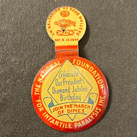 National Foundation for Infantile Paralysis Steel Fold Over Pin c1963 Dimes
