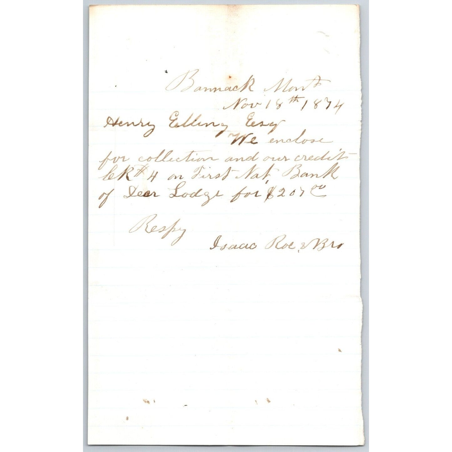 1874 ALS from Isaac Roe & Bro. (Bankers ) Bannack City, MT to Henry Elling* $207