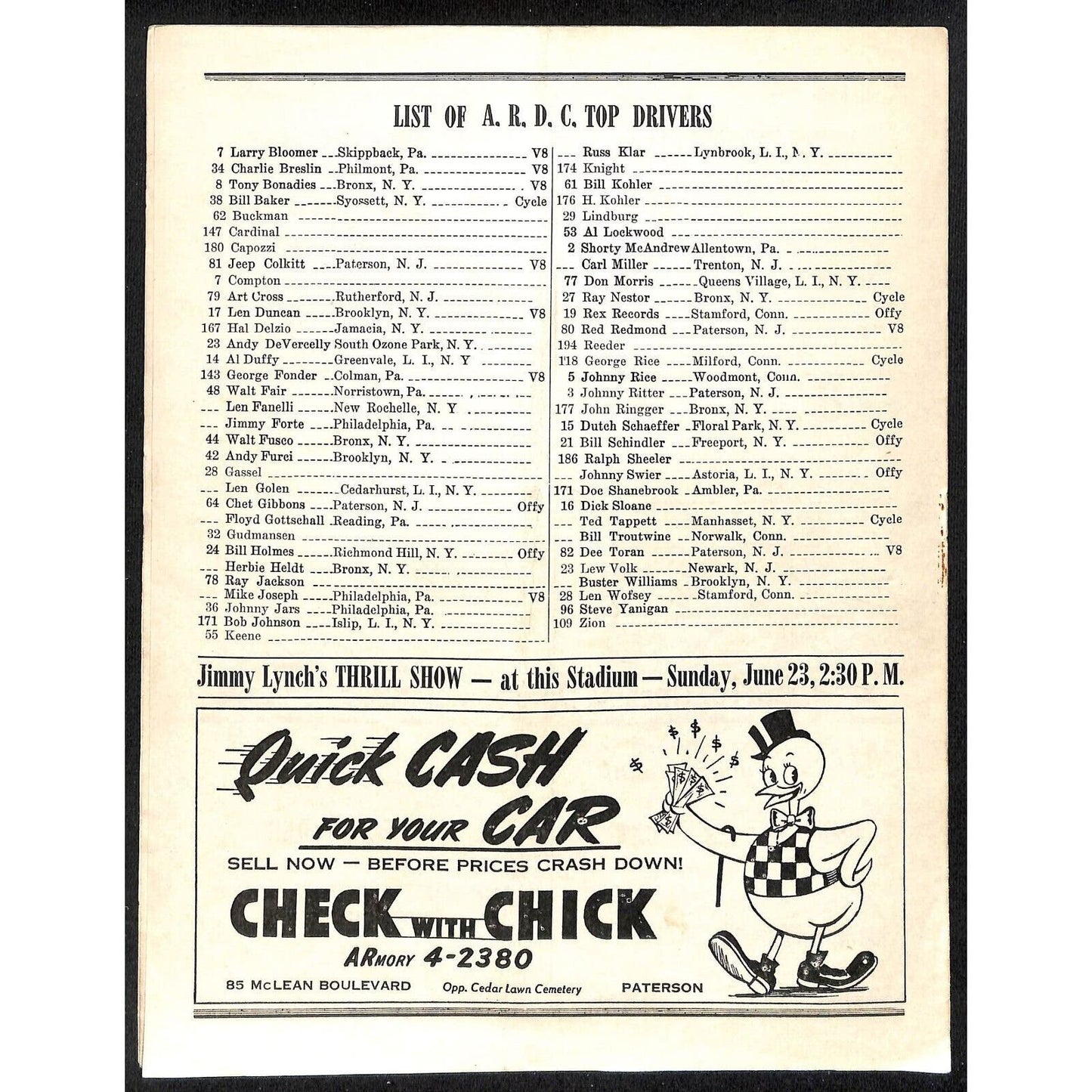 Hinchliffe Stadium Midget Auto Races 5/22/1946 Program Chet Gibbins 4pp Scarce