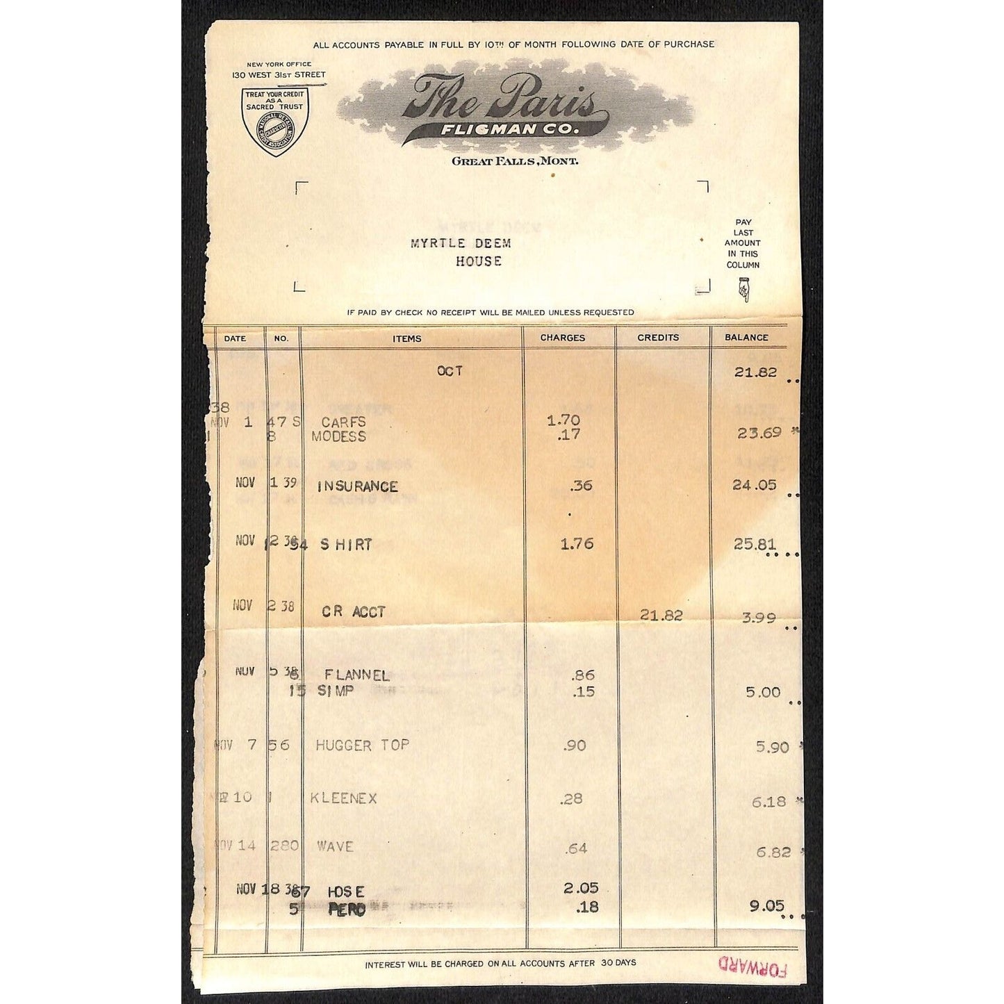 Great Falls, MT The Paris Fligman Co. 1938 2pp. Statement