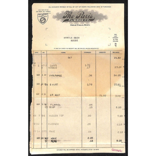 Great Falls, MT The Paris Fligman Co. 1938 2pp. Statement
