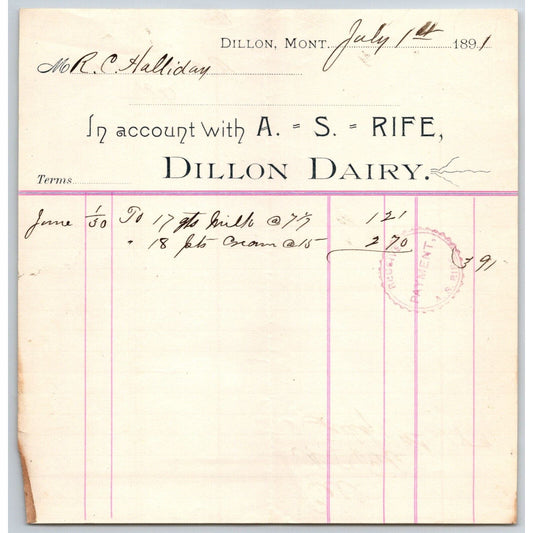 Dillon MT A.S. Rife Dillon Dairy 1891 Billhead 17 Quarts Milk R.C. Halliday*