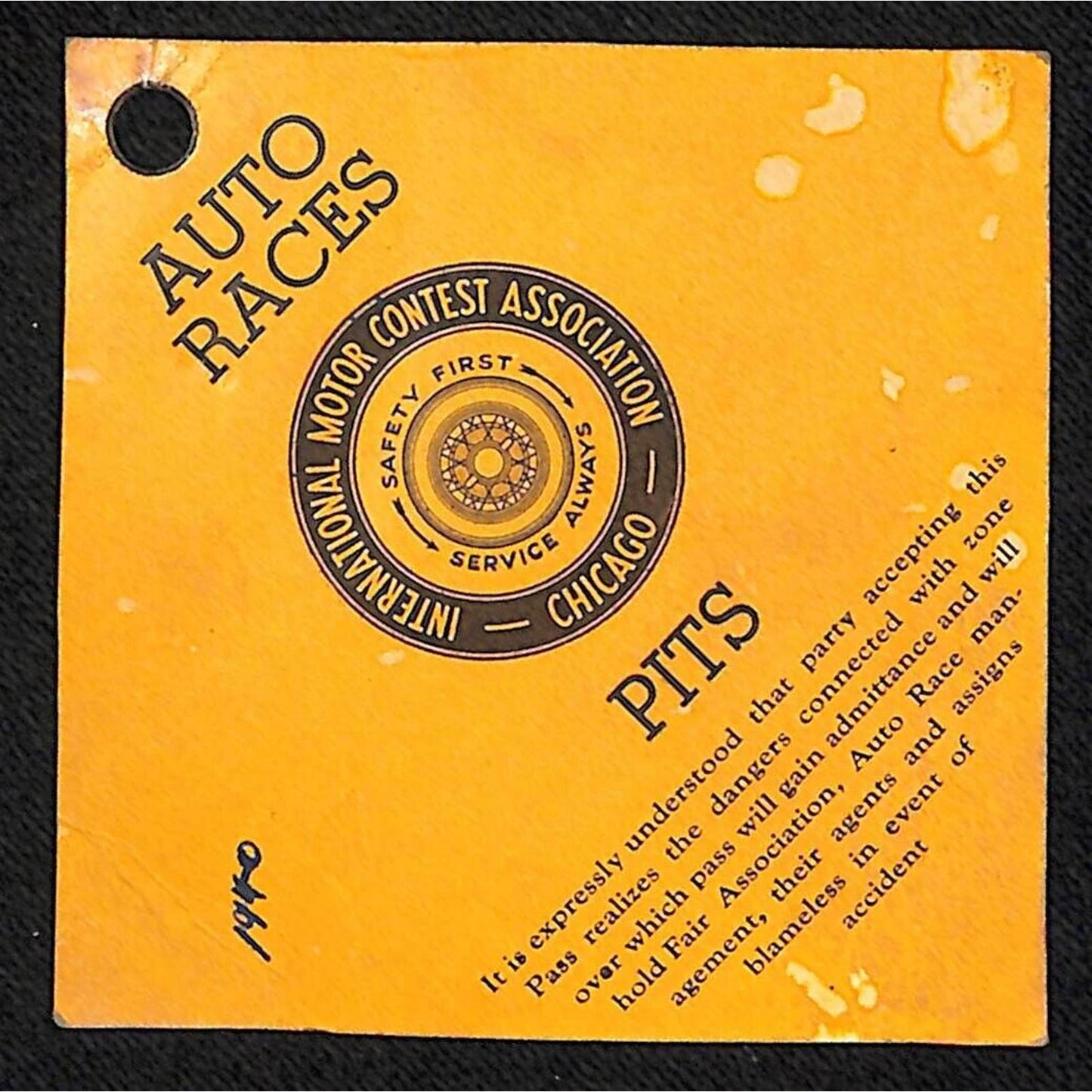 c1940 International Motor Contest Association Chicago Auto Races Pit Pass Scarce