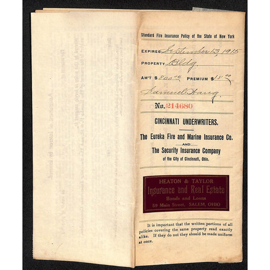 Heaton & Taylor Insurance Salem Samuel Wang Co* North Georgetown 1915 Policy