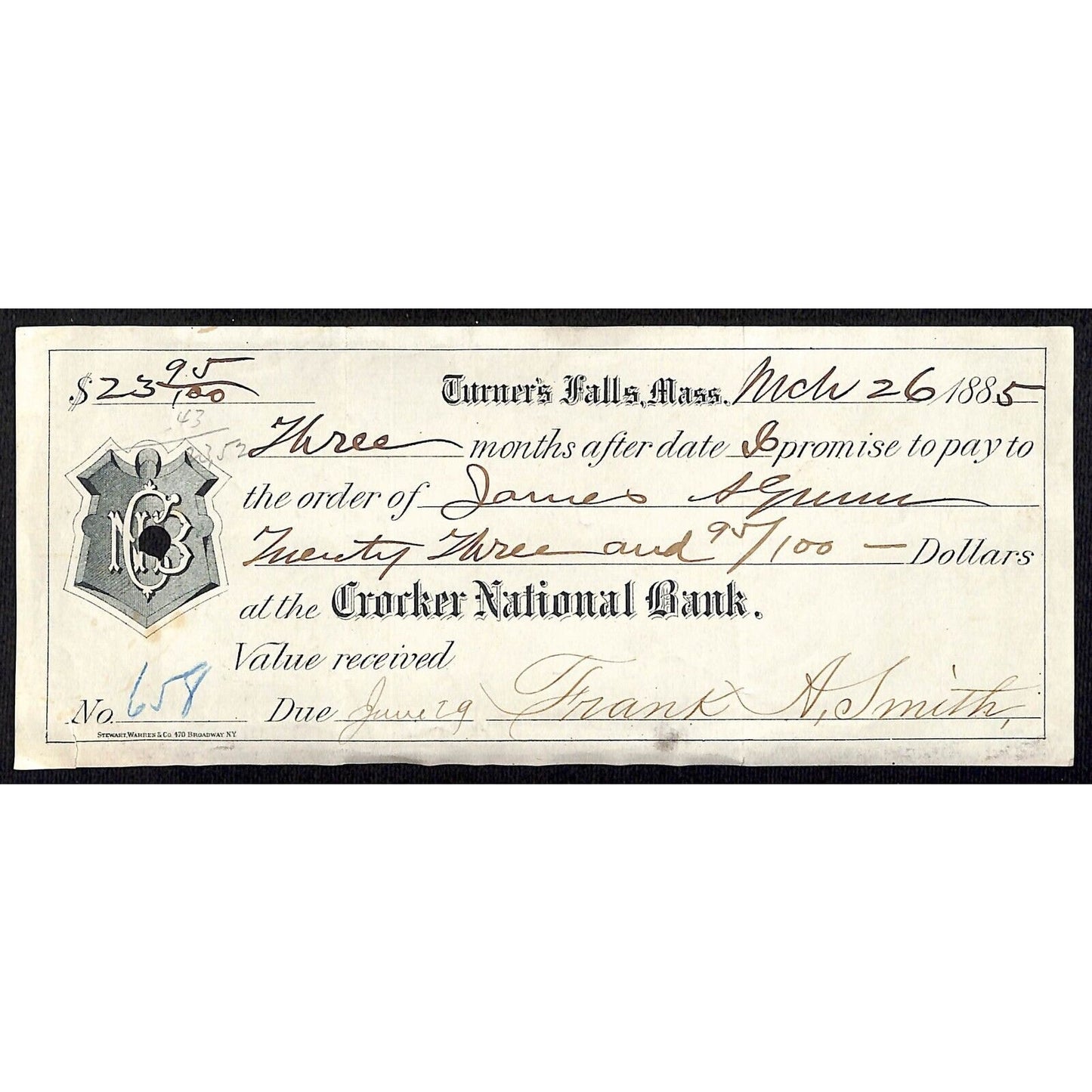 1885 Crocker National Bank Turner's Falls, MA Promissory Note for $23.95 Scarce