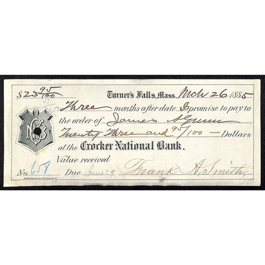 1885 Crocker National Bank Turner's Falls, MA Promissory Note for $23.95 Scarce