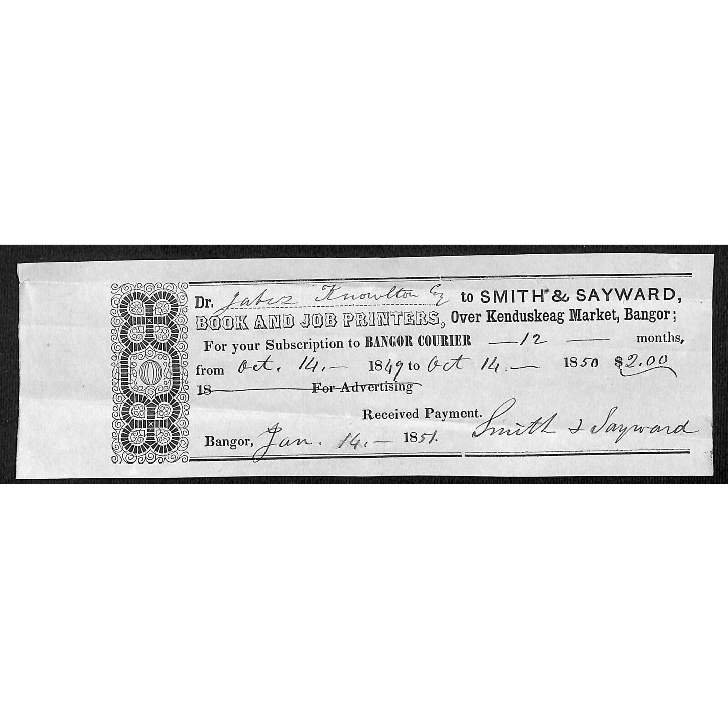 1851 Jabez Knowlton* Newburgh, ME Smith & Sayward Bangor Courier Receipt VGC