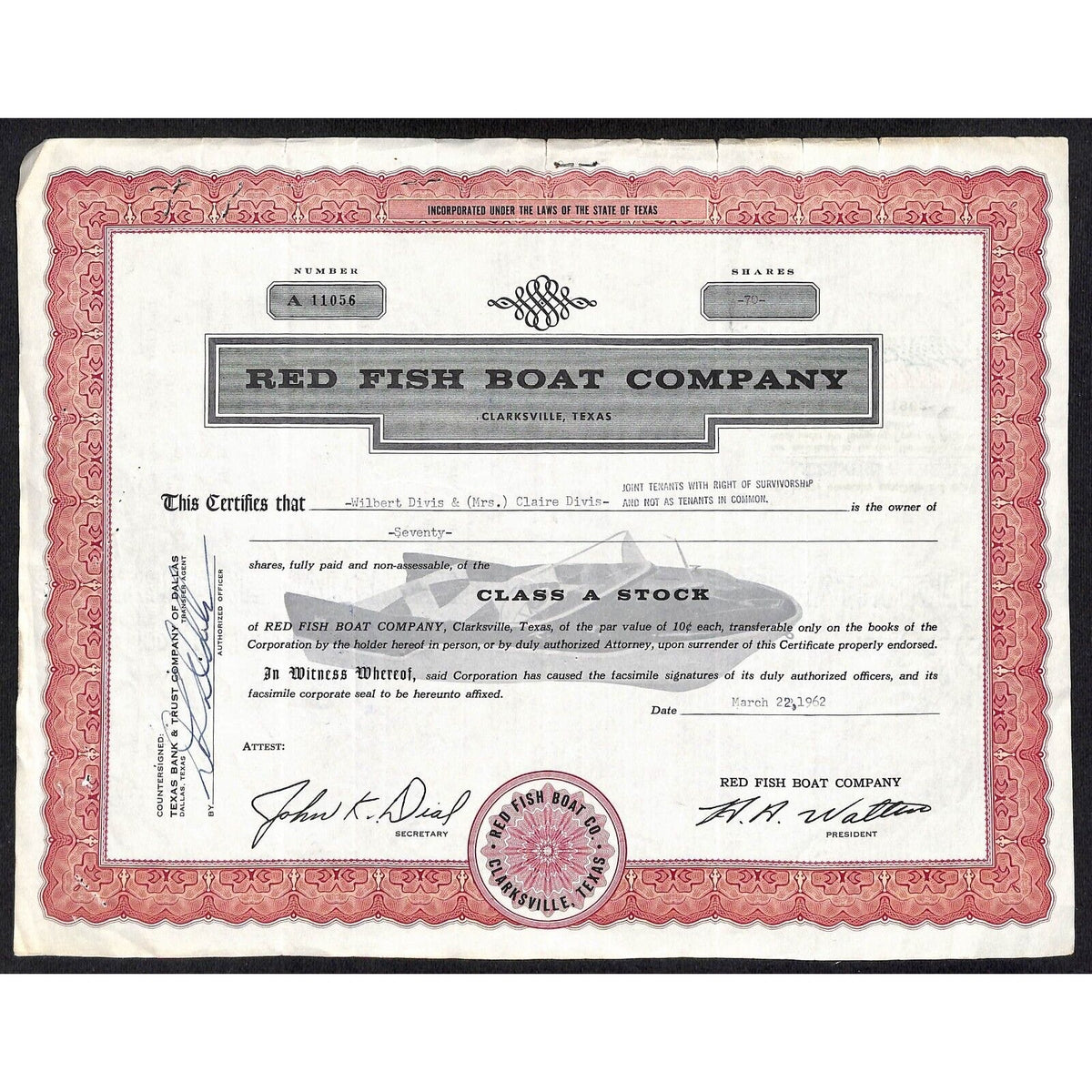Red Fish Boat Company Clarksville, TX 1962 Stock Certificate Pleasure Boat