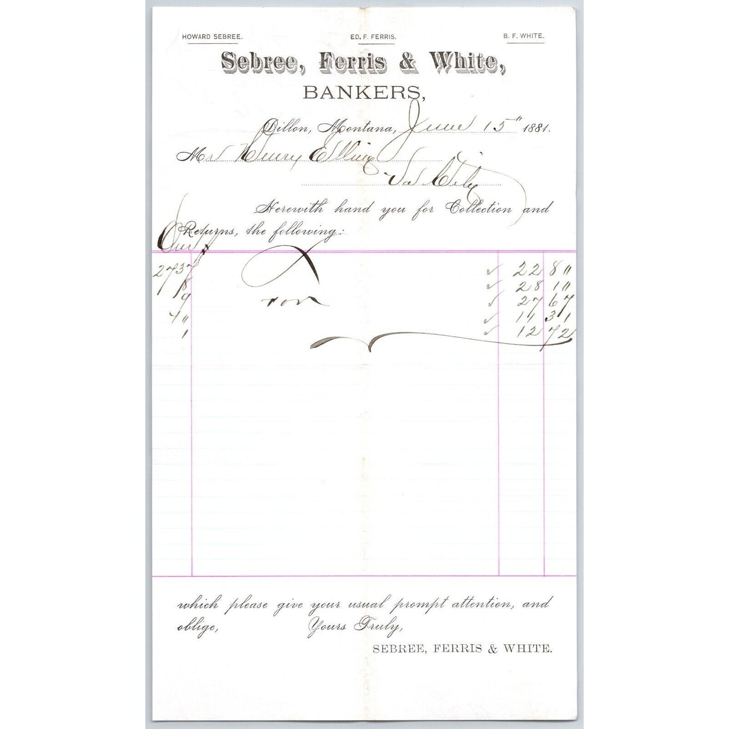 Sebree, Ferris & White Bankers Dillon, MT 6/15 1881 Statement Henry Elling*