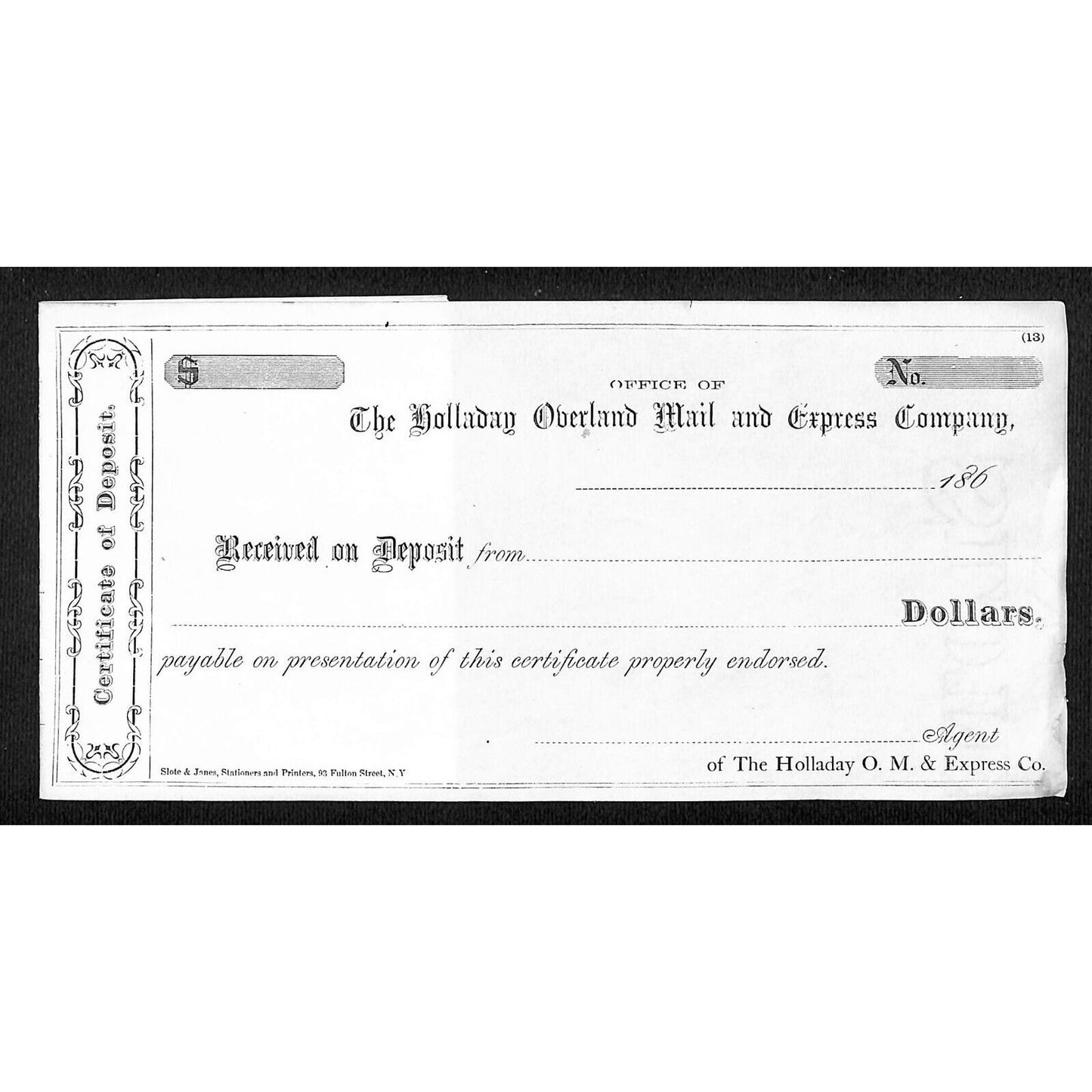 Holladay Overland Mail and Express Co. 1860's Certificate of Deposit & Reg Stub
